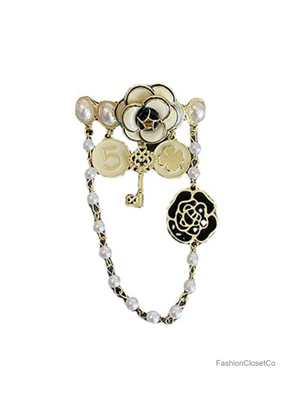 Vintage Camellia Brooch with Simulated Pearl Chain, Alloy Lapel Pin for Women